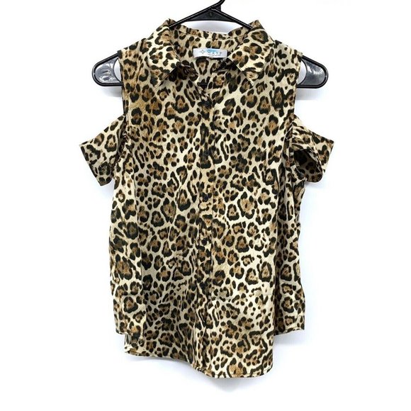 WAYF Top Brown Black Leopard Print Button Blouse Cold Shoulder - Picture 5 of 12